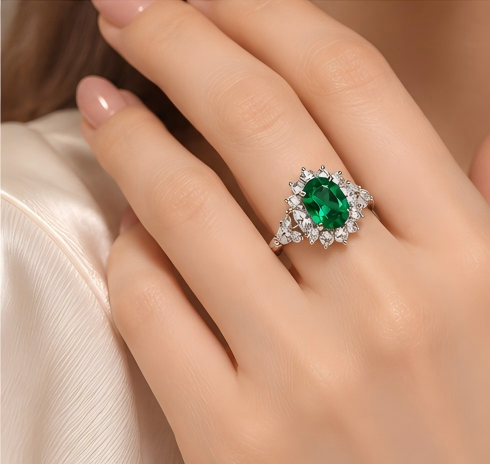 Emerald Green Oval Halo Ring | Lab-Grown Gemstone S925 Silver