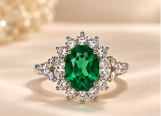 Emerald Green Oval Halo Ring | Lab-Grown Gemstone S925 Silver