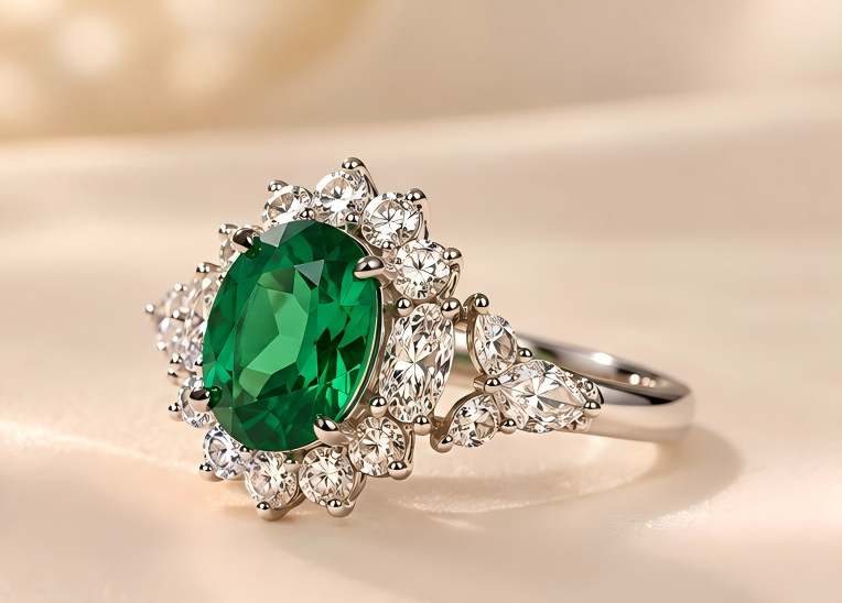 Emerald Green Oval Halo Ring | Lab-Grown Gemstone S925 Silver