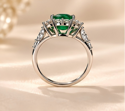 Emerald Green Oval Halo Ring | Lab-Grown Gemstone S925 Silver