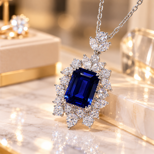 Royal Blue Emerald-Cut Lab-Grown Sapphire Floral Halo Pendant Necklace
